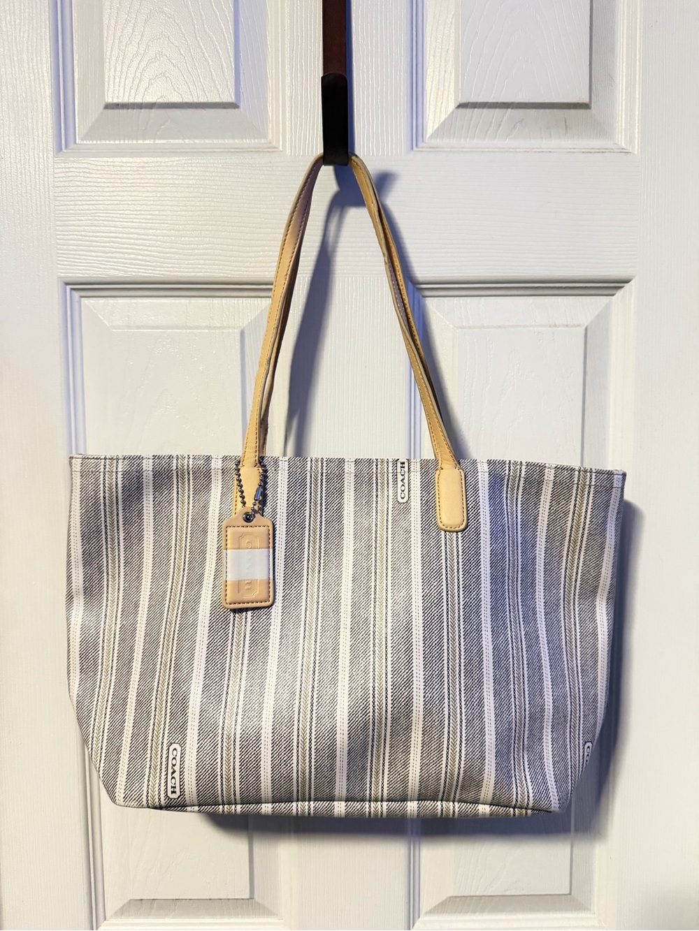 COACH Legacy Weekend Ticking Stripe Zip Tote Bag Grey/Cream 23108